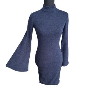 Vijo Couture Navy Mock Neck Bodycon Sweater Mini Dress With Bell Sleeves, Small